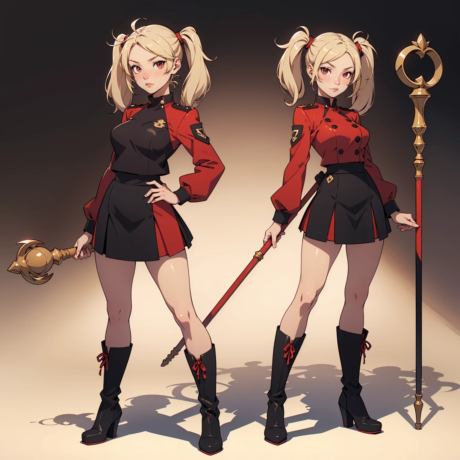 Very detailed, neutral facial expression, figure, full body view, blonde hair with twintails, red eyes, looking at viewer, black and red uniform, skirt, black boots, holding staff pose.