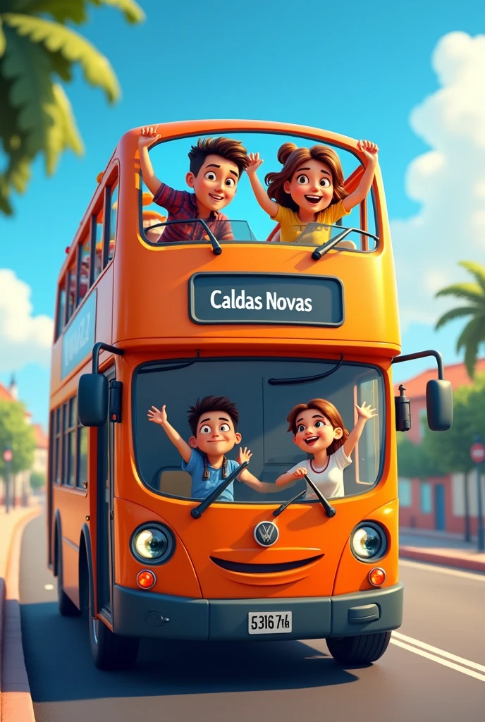A double-decker travel bus with 4 friends in.On top of the bus it says 'going to Caldas Novas'