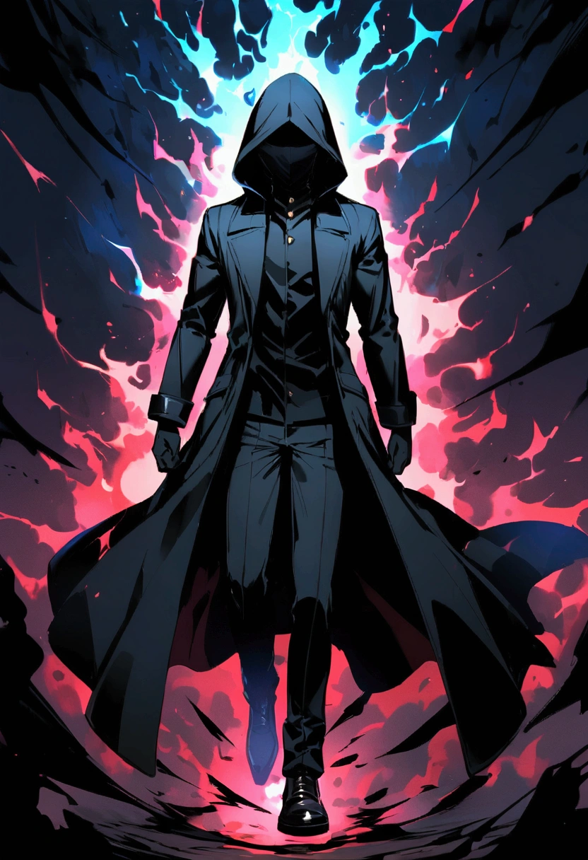 boy, wearing a black overcoat, black gloves, shoes black, face covered with a black hood, black electric aura