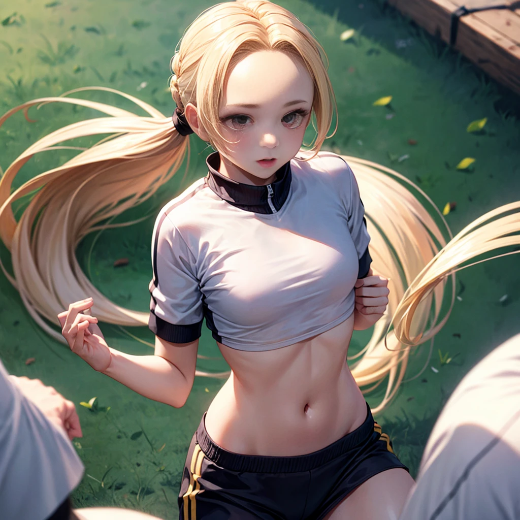 ((masterpiece:1.2, best quality)), 1aldy, Solitary, (Sportswear), Platinum Blonde, Long hair,  (top view, Front focus, Look straight ahead), (forehead), jump, Above the waist, Ponytail, Big ,  us:1.1