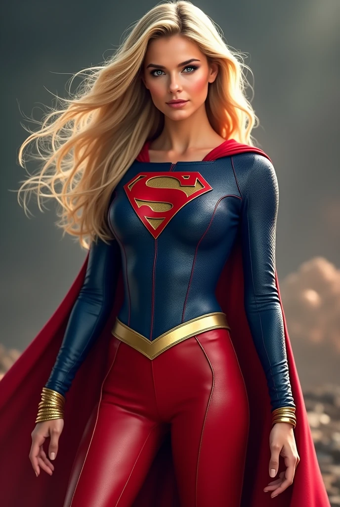 A beautiful woman with long blonde hair wearing the Kryptonian Kara Zor-El alias Supergirl costume. Blue and red leather jacket, red leather corset with the Superman emblem on her chest, red leather pants, red knee-high boots with gold trim, long gold bracelets.