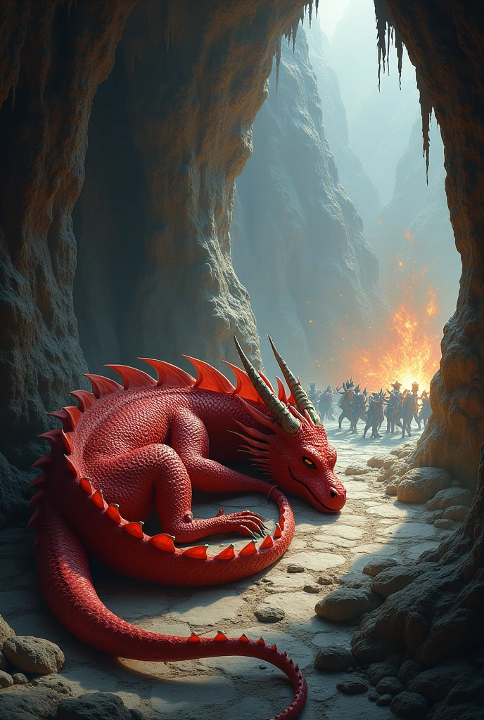 a red dragon is deep sleep in the cave, while bunch of lizards are fighting war each other outshide the cave, very realistic image