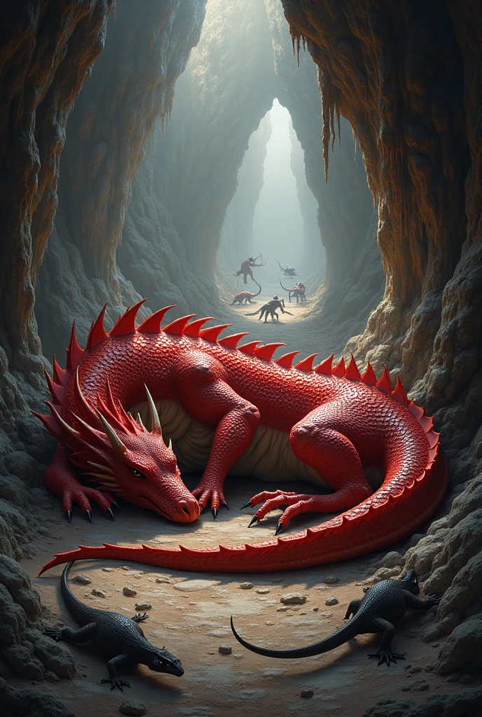 a red dragon is deep sleep in the cave, while bunch of lizards are fighting war each other outshide the cave, very realistic image