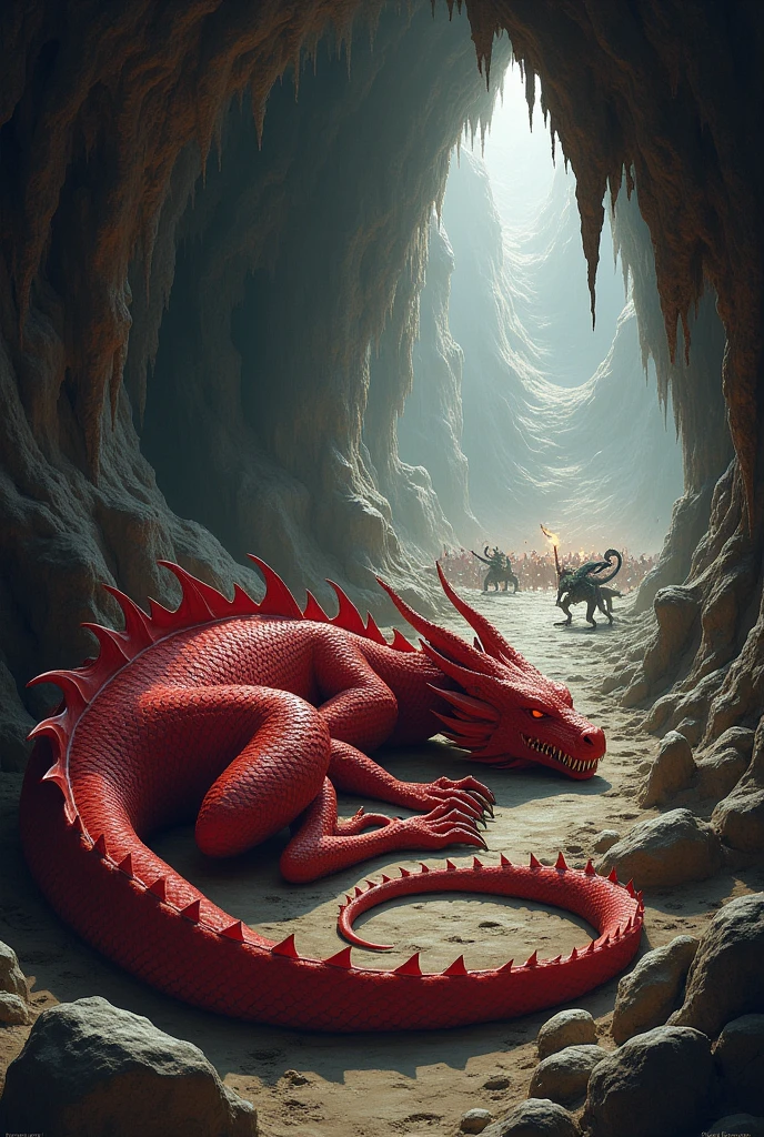a red dragon is deep sleep in the cave, while bunch of lizards are fighting war each other outshide the cave, very realistic image