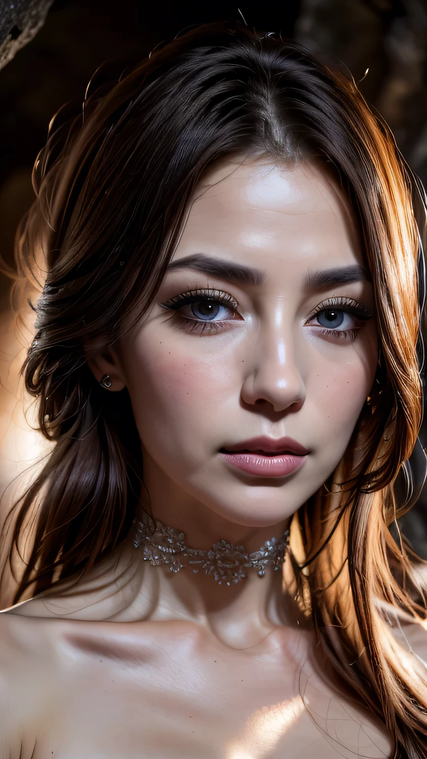 Very beautiful princess with bright eyes, 35 year old mature woman, Serious expression, rage, Ultra-realistic, Very detailed, Dynamic facial expressions, large natural breasts, (A lavish dress in pastel purple, adorned with numerous embellishments and embroidery., choker、Fine and beautiful eyes,Beautiful lip detail,Very detailed目と顔,Long eyelashes, Detailed face, masterpiece, 最high quality, high quality, High resolution, Portrait、sexy、In a dark cave
