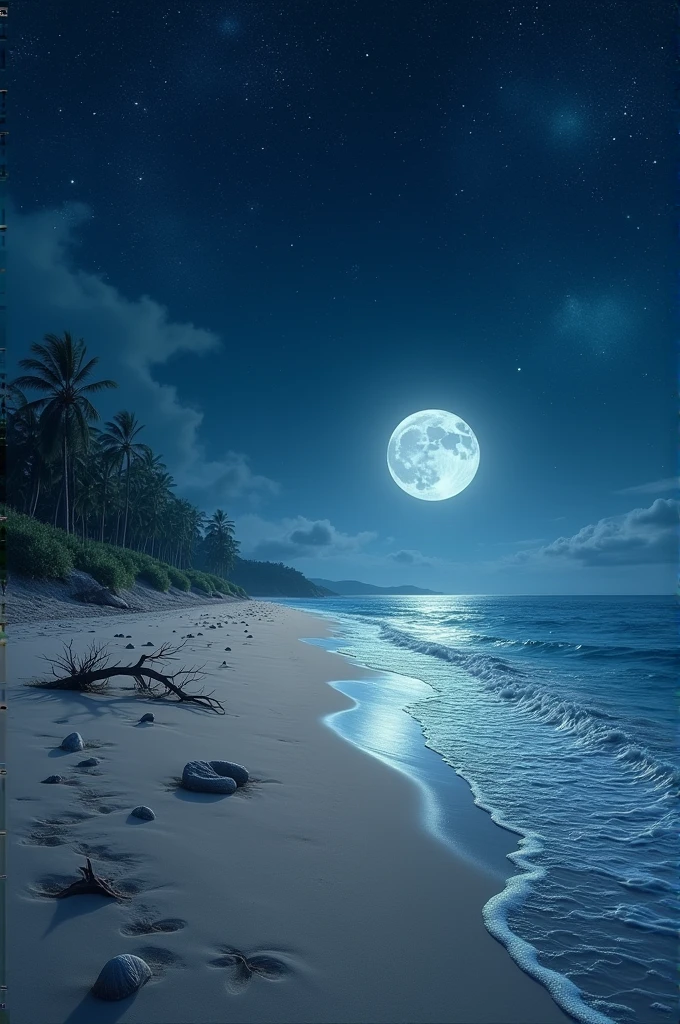 A realistic picture of a beach at night
