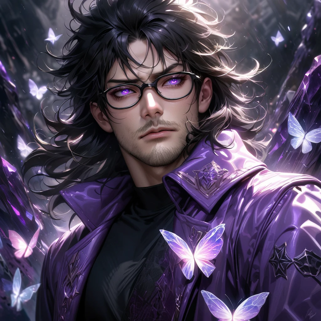 Extremely detailed, high resolution, absurd, HDR, masterpiece, Fushiguro Megumi, Black Hair, Expressive purple eyes, Jiu Jitsu Kaiba, Black pattern long coat, Purple Ice flowers, petal, Very handsome, Sexy men, Solitary, Extremely detailed eyes and face, Purple Ice, Purple Ice sparkling butterflies, Black T-shirt, Realistic face, sparkling, sparkling eyes, yellow Fox, men with stubble, short beard, short mustache, Beard scum, slightly curly hair, and black square plastic-framed glasses