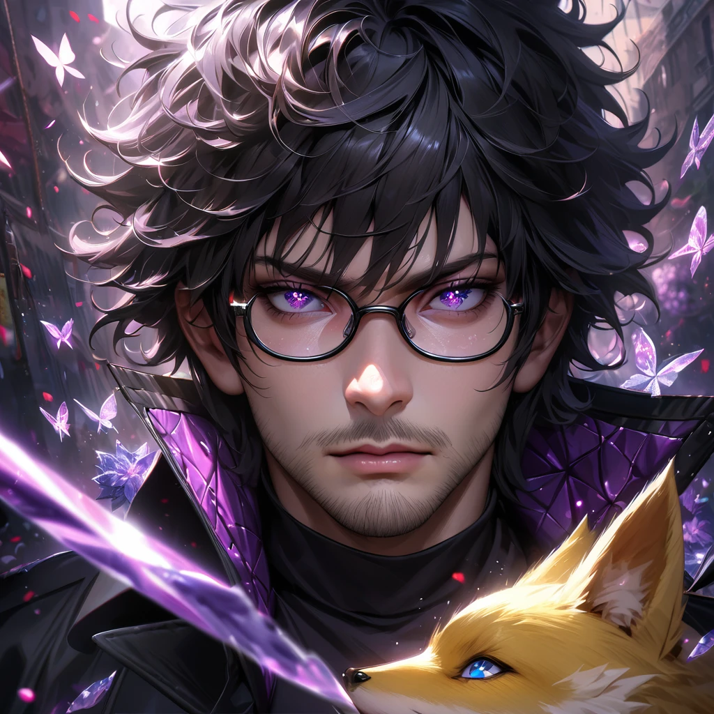 Extremely detailed, high resolution, absurd, HDR, masterpiece, Fushiguro Megumi, Black Hair, Expressive purple eyes, Jiu Jitsu Kaiba, Black pattern long coat, Purple Ice flowers, petal, Very handsome, Sexy men, Solitary, Extremely detailed eyes and face, Purple Ice, Purple Ice sparkling butterflies, Black T-shirt, Realistic face, sparkling, sparkling eyes, yellow Fox, men with stubble, short beard, short mustache, Beard scum, slightly curly hair, and black square plastic-framed glasses