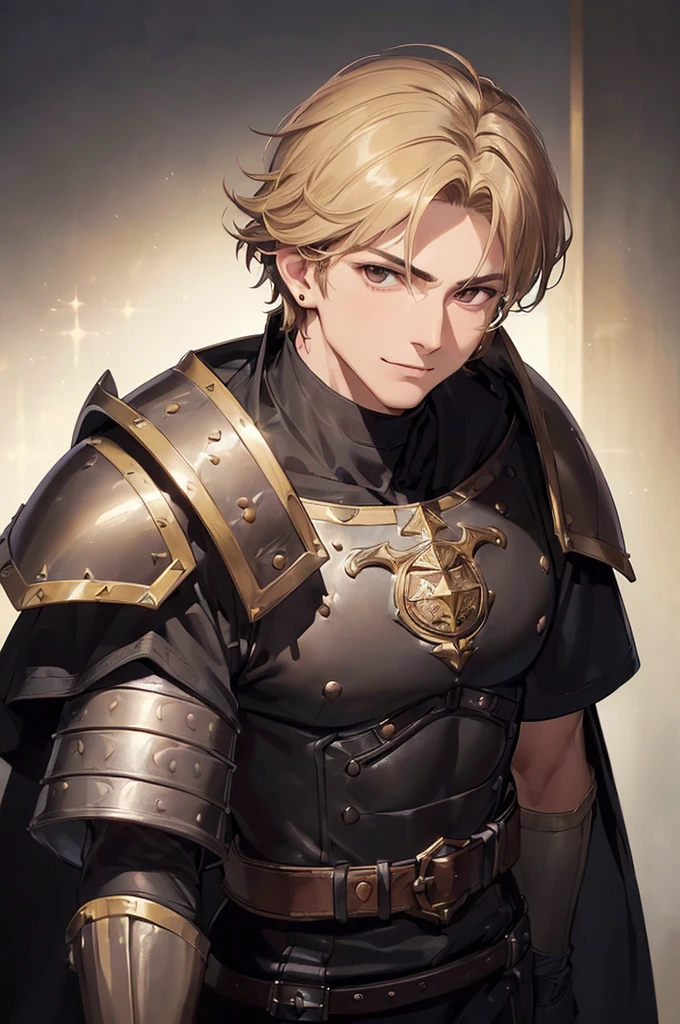 (((masterpiece; best quality: 1.2))), (detailed eyes: 1.3), ((ung man)), ((solo)), (brown eyes: 1.4), (body shape; lean, masculine, manly face: 1.3), (short blond hair: 1.3), (clear background: 1.2), ((depth of field)), (equipment: masculine adventurer garb + light leather armor + black tunic + black cape +black stud earring: 1.3), (anime illustration: 1.2), (background composition; fantasy tavern interior + furniture: 1.1), (handsome: 1.1), (shot composition; standing + centered on face + bust close-up: 1.5), (facial expression; calm + smile: 1.2)