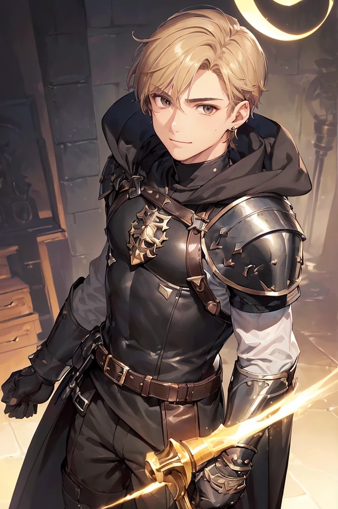 (((masterpiece; best quality: 1.2))), (detailed eyes: 1.3), ((1 young man)), ((solo)), (brown eyes: 1.4), (body shape; lean, masculine, manly face: 1.3), (short blond hair: 1.3), (clear background: 1.2), ((depth of field)), (equipment: masculine adventurer garb + light leather armor + black tunic + black cape +black stud earring: 1.3), (anime illustration: 1.2), (background composition; fantasy tavern interior + furniture: 1.1), (handsome: 1.1), (shot composition; standing + centered on face + bust close-up: 1.5), (facial expression; calm + smile: 1.2)