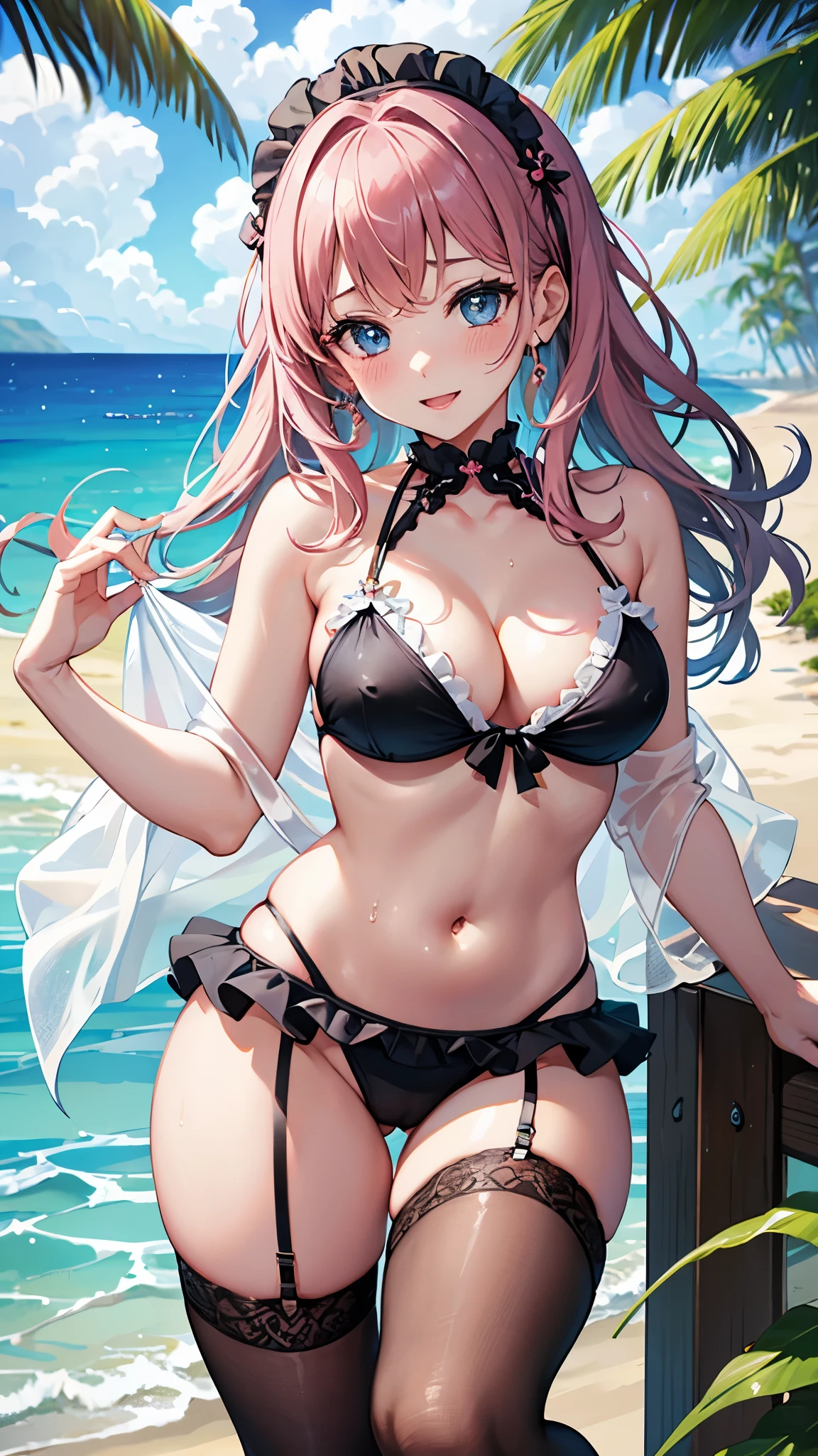 masterpiece、Highest quality、Delicate、Open your mouth, Cute Breasts, Glossy fitted swimsuit,pink frilly mini skirt,Looking at the audience,blue eyes,blush,Bright screen,smile,Bare shoulders,Cleavage,Nipples erect,Wet Skin,Beach,belly button、Black fishnet stockings、