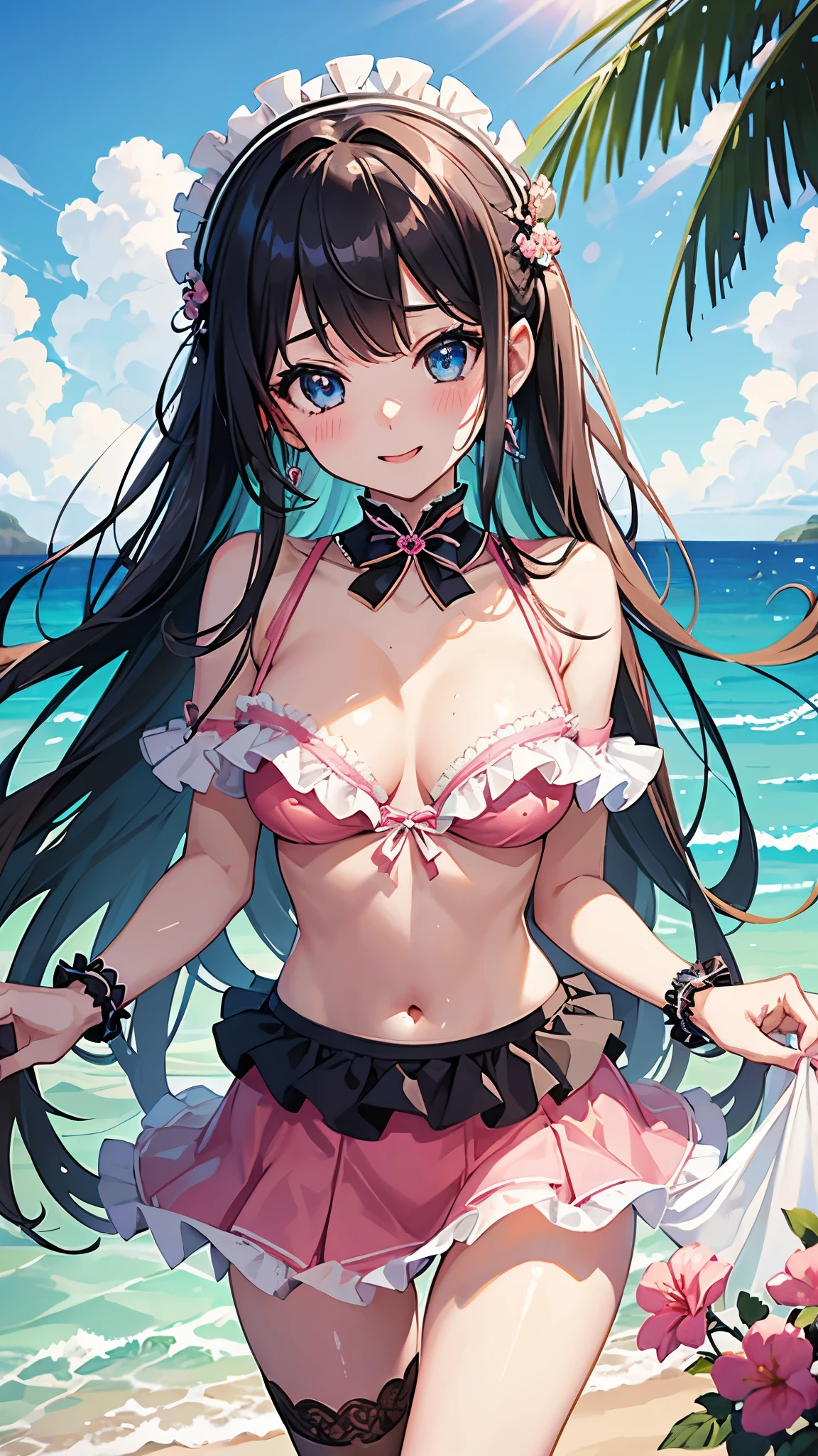 masterpiece、Highest quality、Delicate、Open your mouth, Cute Breasts, Glossy fitted swimsuit,pink frilly mini skirt,Looking at the audience,blue eyes,blush,Bright screen,smile,Bare shoulders,Cleavage,Nipples erect,Wet Skin,Beach,belly button、Black fishnet stockings、