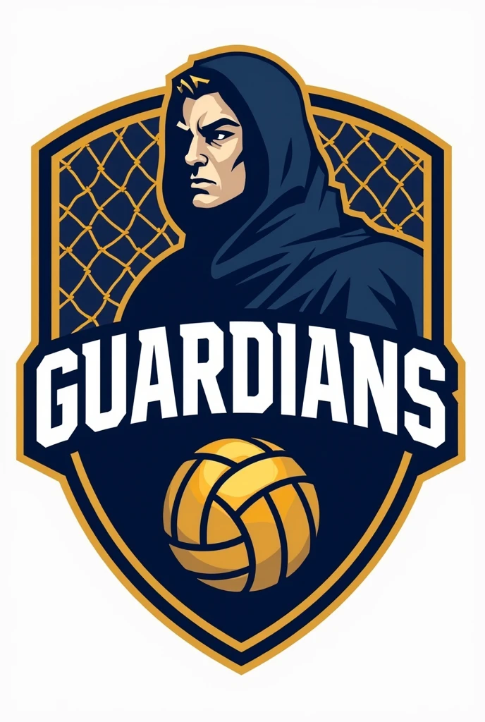 Create a logo for a volleyball team that includes the word "Guardians" in the shape of a shield, with a background net and the shape of a guardian in an abstract style and a volleyball, that includes navy blue and gold colors