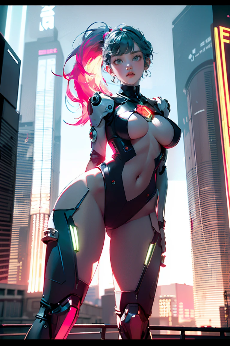 ((Highest quality)), ((masterpiece)), (detailed:1.4), (((Translucent with mechanical parts and transparent skin++Rainbow colored aurora material++、++Grey carbon material++Cyberpunk beauties))), ((Wide open chest)), Hip and thigh skin, Ticker (High Dynamic Range), Ray Tracing, NVIDIA, Super Resolution, Subsurface Scattering PBR Texturing, Post-processing, Anisotropic Filtering, Depth of written boundary, Surface Shading, Accurate simulation of light/Material interactions, Perfect Proportions, Two-tone lighting, wide aperture, Low ISO, White balance, 8k, Browsing Caution, (((Tall Woman))), 25-year-old woman, Bright LED, Knee-length, bulge, Open Stance, Hip and thigh skin, Beautiful body, The navel is visible through bare skin, Large Breasts, ((Cyber suit with glowing LEDs)), (Large Breasts: 1.0) , Dazzling cyberpunk cityscape, Skyscraper, Neon Signs, LED Light, Bright and vivid color scheme, Bright and vivid color scheme, Surprised expression, Blunt bangs, (((+++Beautiful bright iridescent hair+++ Straight Medium Ponytail))), Anatomically correct arms and fingers, seed: 256 :1>,NSFW,