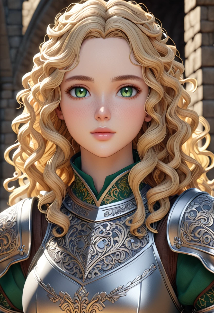 One person, masterpiece, Highest quality, 8k, Detailed skin texture, Detailed cloth texture, Beautifully detailed face, Intricate details, Super detailed, European girl, Green Eyes, Blonde has curly hair, 3D Characters, Medieval Knight