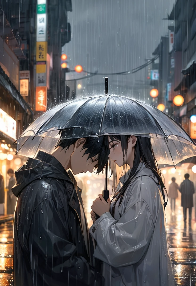 Raindrops mimic unshed tears as they cascade over the solemn faces of a young Korean couple amidst a heartrending parting, their heads bowed under the evocative grey skies of Seoul cityscape, forgoing umbrellas, evoking a poignant absence of shelter, digital painting, rain-streaked, soft focus, bokeh lights, reflective wet streets, dramatized melancholy,