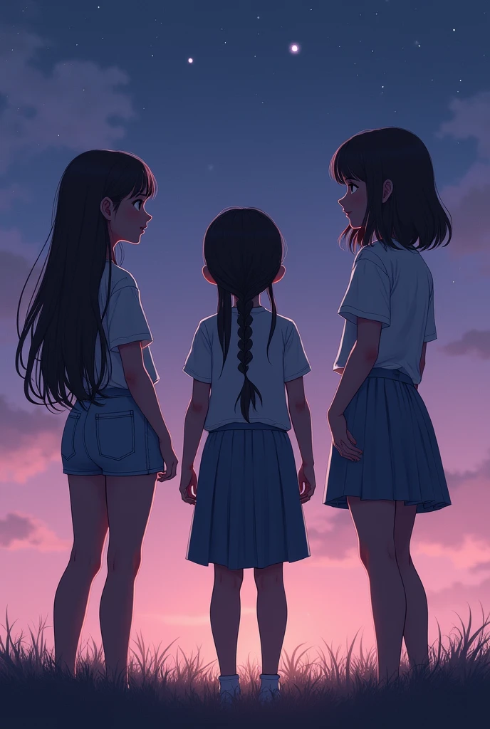 Three real realistic girls standing backwards together looking away, first one has long hair, second one has braids, third one has short hair, the background is pastel purple/dark blue with stars