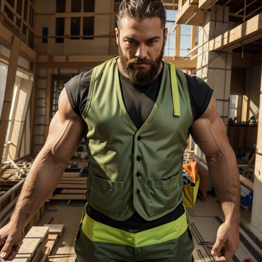 Muscular, hairy, male, beard, (((construction outfit))), open construction vest, green construction vest