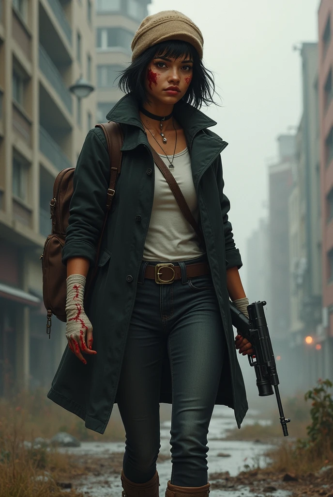 The Walking Dead Series, Female, 31, African American And Native American, Athletic Hourglass Body Type, Brown Honey Eyes, Light Freckles, Black Short Hair, Black Coat And Black Jeans, White Shirt Under Coat, Holstered Gun, Bandages On Her Arms, Combat Boots, Light Brown Winter Hat, Dark Brown Satchel, Exhausted Face, Zombie Apocalypse, Blood On Her Hands