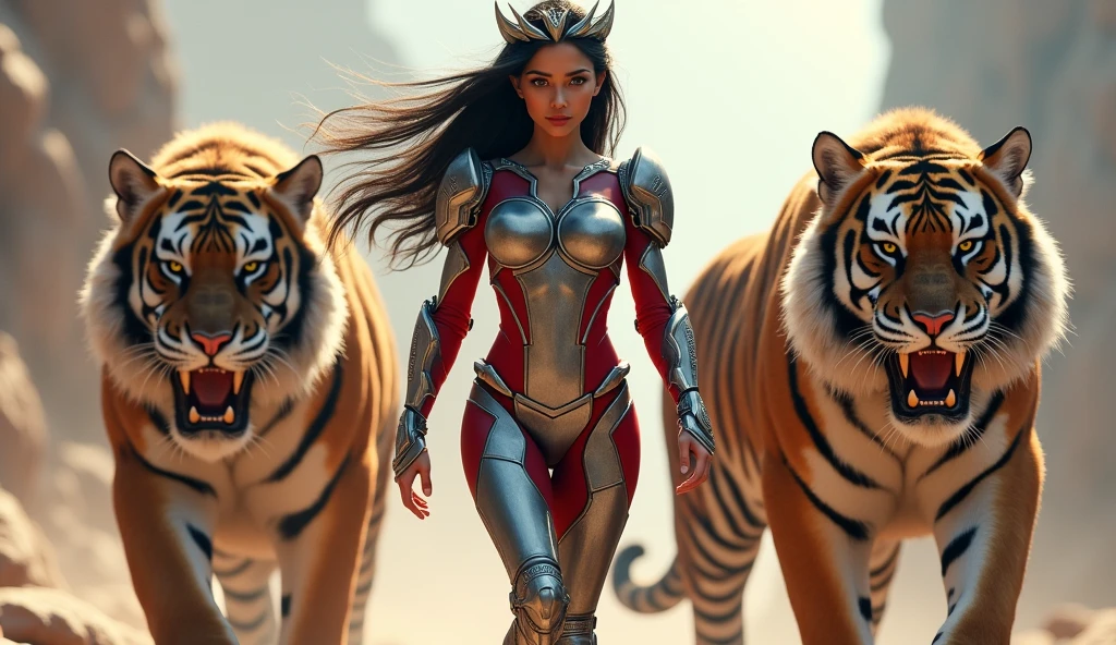 girl is depicted as a striking and powerful figure with a strong, confident presence. She is dressed in a futuristic, cybernetic outfit that accentuates her form. Her attire is a blend of armor and sleek design, featuring red and silver tones that highlight her physique. The outfit includes intricate details, such as metal components and glowing elements, giving her a high-tech, warrior-like appearance.
Her long dark hair flows behind her, and she has a focused, determined expression on her face. The girl also wears a headpiece or tiara, adding to her regal and formidable look. She appears to be walking with purpose, and behind her is a massive, fierce-looking tiger that further emphasizes her powerful and protective nature. The overall scene suggests that she is a guardian or warrior, possibly in a sci-fi or fantasy setting, and the tiger seems to be her companion or protector.