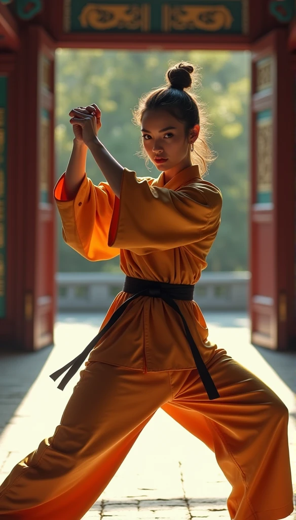 Realistic busty 35yo woman,Karateka,shaolin temple,ultimate form,8k,erotic obscene Performance