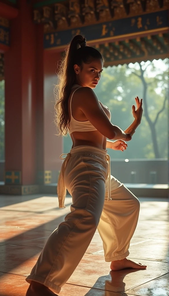 Realistic busty 35yo woman,Karateka,shaolin temple,ultimate form,8k,erotic obscene Performance