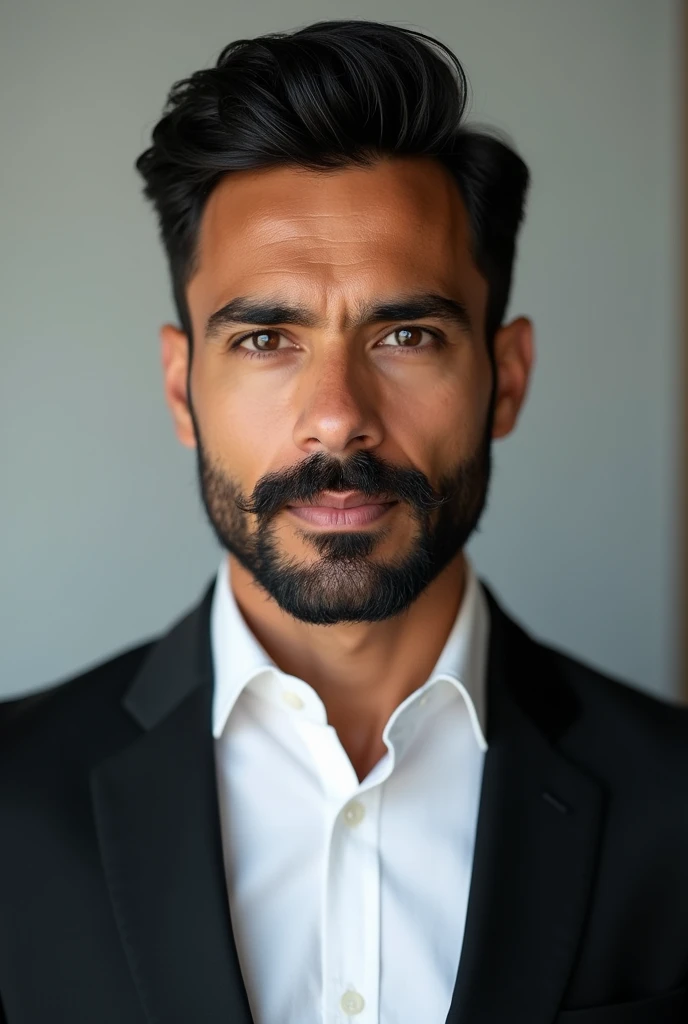 A Brazilian executive man with dark skin, rounded face, combed hair and beard, in a professional photo essay, wearing a white dress shirt and black blazer, Close-up showing his leadership personality. 