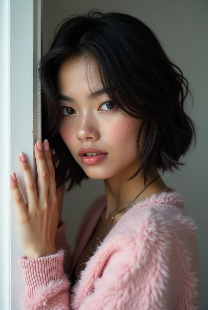 ((masterpiece:1.4, highres quality)), ((masterpiece, highest quality)), (photo-realistic:1.4), professional lighting, highly detailed eyes and face, Beautiful eyes in every detail, (beautiful Malay girl:1.3), jaw-lenght tousled bob hair style, face focus, From the back, eyes didn't look at the camera, profile, ((Winter clothes)), necklace, (pink pastel clothing), Eye color is dark brown, seductive lips, correct hand of human body, white wall, Taken in front of the white door, (white wall room with window)