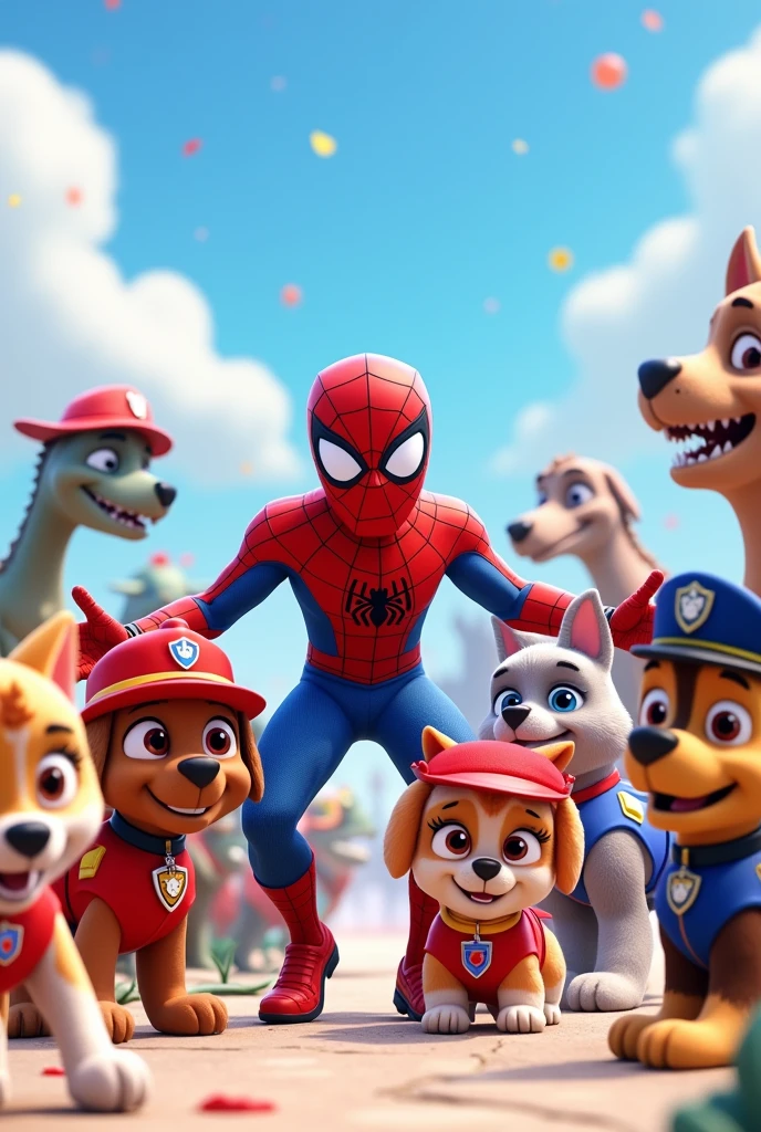 A party panel with Spider-Man, The Paw Patrol with Spiderman costumes, with white and blue background and dinosaurs in the background watching