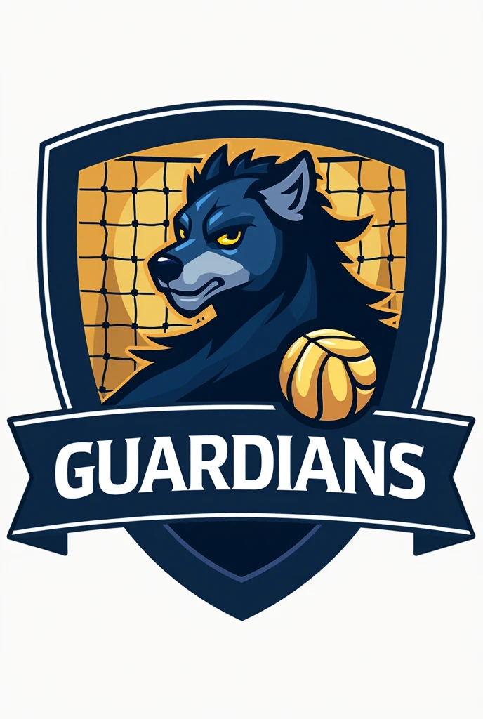 Create a logo for a volleyball team that includes the word "Guardians" in the shape of a shield, with a background net and the shape of a guardian in an abstract style and a volleyball, that includes navy blue and gold colors