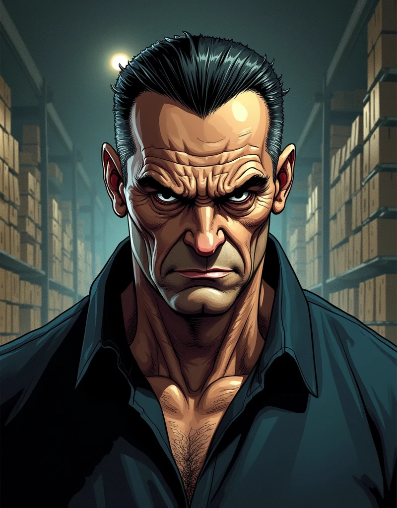 American comic book style, old caucasian man, 50s, short black slick back hair, triangular face, mean face, black eyes, piercing gaze, long nose, small mouth thin lips, clean shaven, endomorph body type in shape, tall, (wearing a normal traditional black suit with a normal black tie), (draw entire body down to feet), in a warehouse, comic book drawing, Comics Americans, vignetting, vanishing point, wide shot, UHD, masterpiece, accurate, anatomically correct, textured skin, super detail, high details, high quality, award winning, best quality, highres
