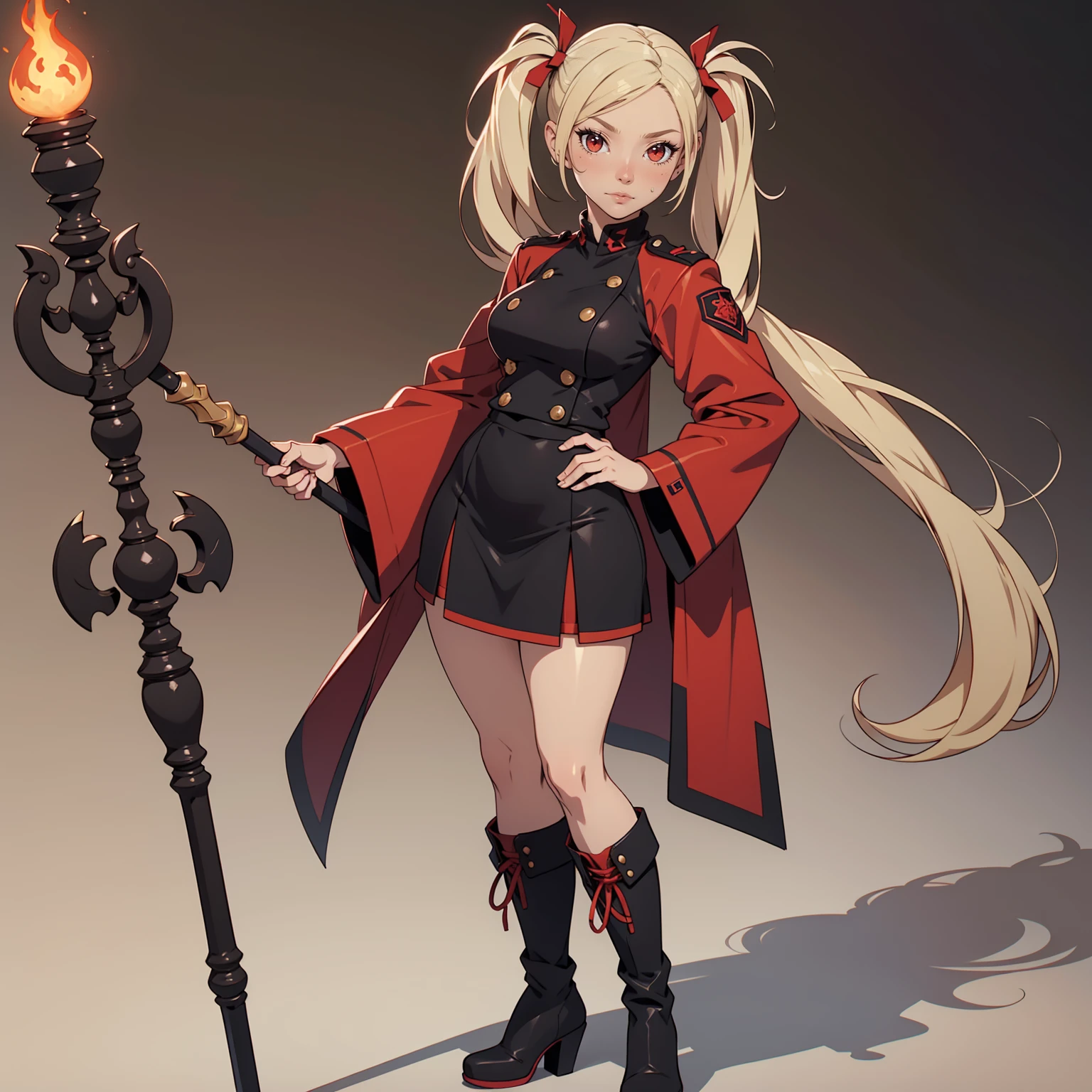 Very detailed, neutral facial expression, figure, full body view, blonde hair with twintails, red eyes, looking at viewer, black and red uniform, skirt, black boots, holding staff pose.