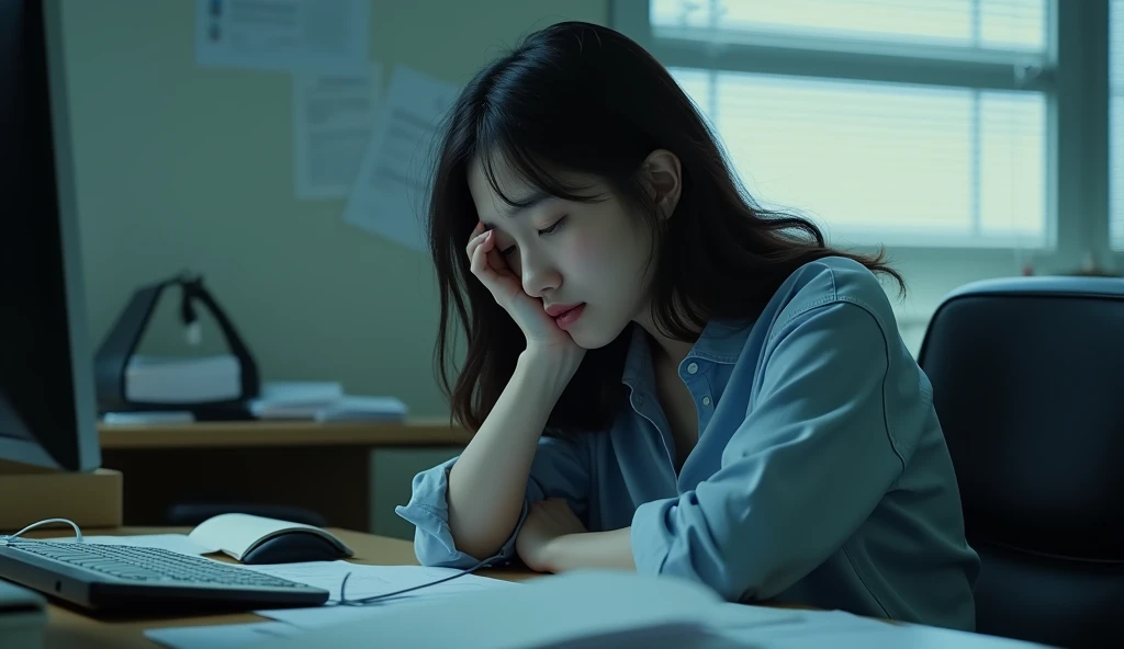 A sad Korean woman, close to collapse, in the workplacem, sitting at a desk with a computer and many documents on it, daylight, cool light, The image should show a sad person in an office, with a despondent facial expression.