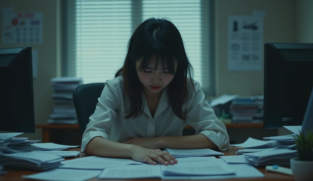 A sad Korean woman, close to collapse, in the workplacem, sitting at a desk with a computer and many documents on it, daylight, cool light, The image should show a sad person in an office, with a despondent facial expression.