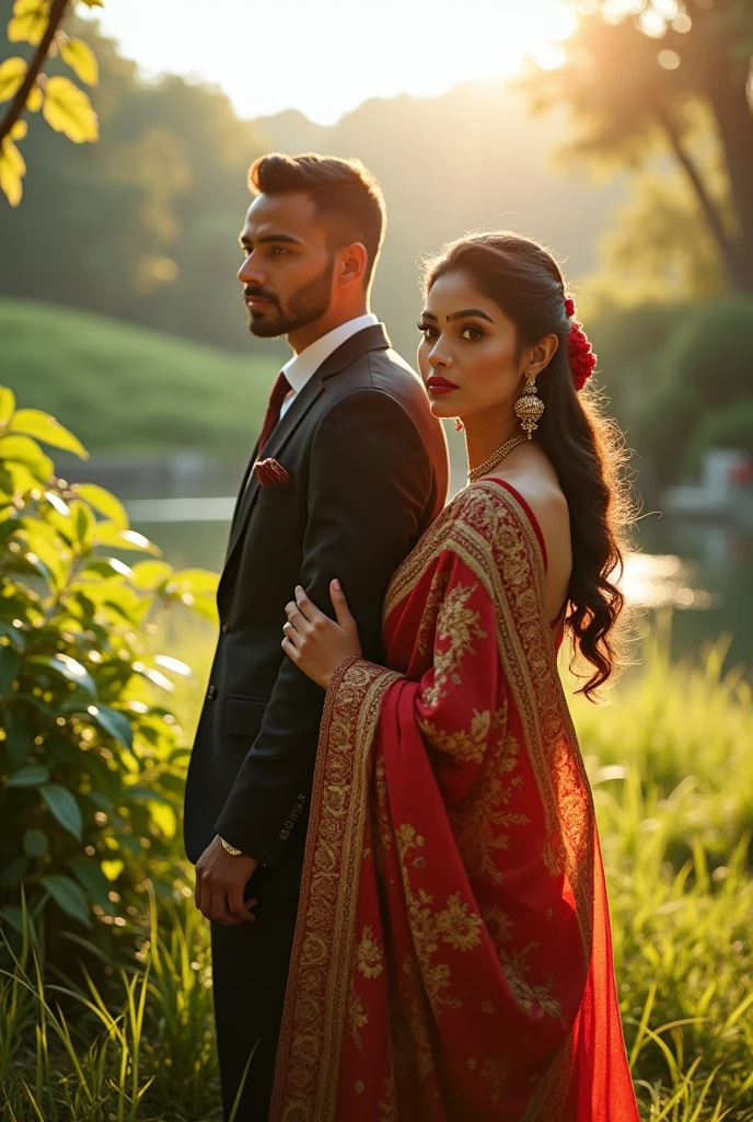 a beautiful Indian woman in a colorful saree, a handsome man beside her, nature landscape, sunlight, cinematic lighting, intricate details, highly detailed, 8k, photorealistic