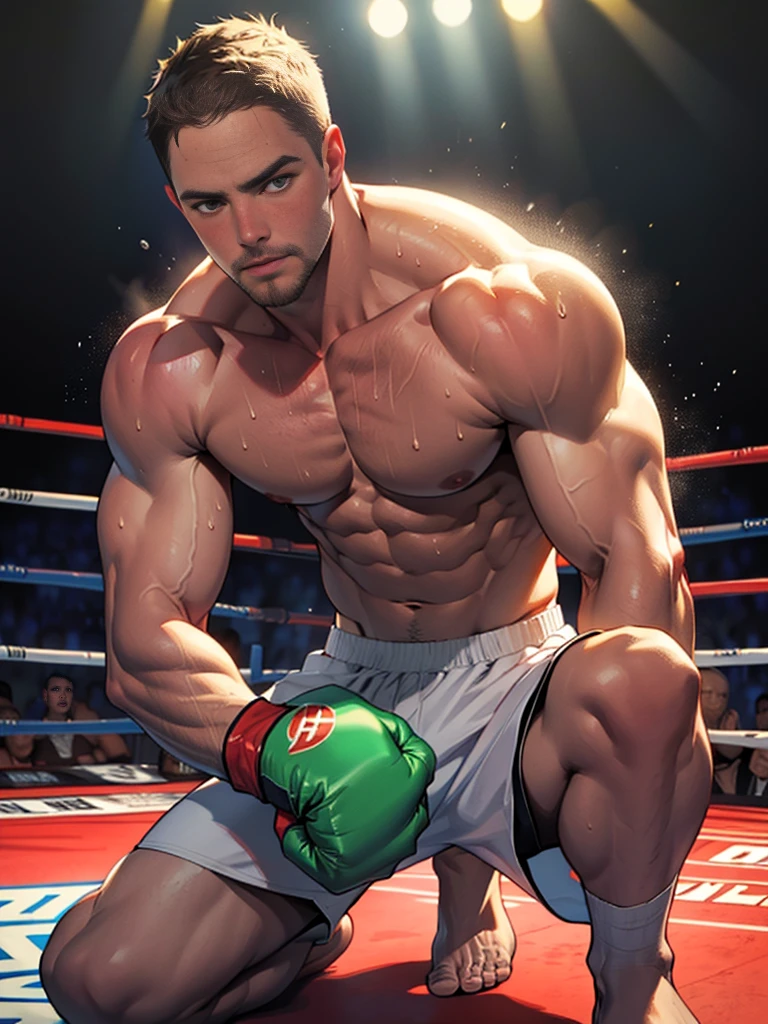 sexy mature daddy,(((stephen amell))) ,dark blond hair, stubble,beard and sexy moustache ,muscular , best quality, masterpiece, ultra high resolution, Detailed background, realism, illustration, single, muscles, Volumetric lighting, depth of field, beard, flow,wearing a boxing short , shirtless showing hard nipples , huge bulge, boxing gloves ,, martial artist, flow sweat, short dark blond hair, perfect eyes, barefoot, Boxing pose in the ring