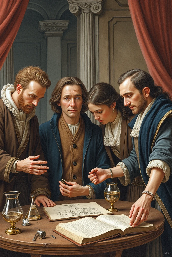 I need a drawing from the Renaissance, something similar to the works created by Leonardo da Vinci, showing the scientific revolutions and the industrial revolutions., where I showed an artifact for each revolution