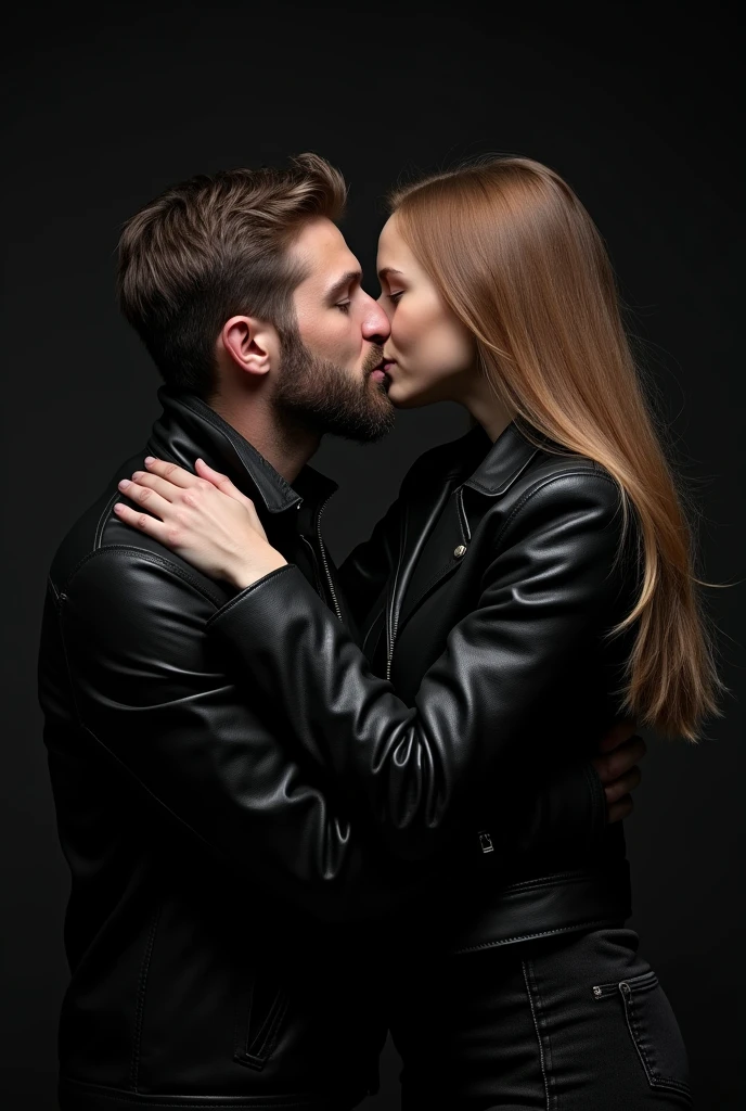 masterpiece, Great clothes, (figure), ((2 people)), ((good looking Young Couple Kissing and Hugging), (Russian Mill Style), fashion, leather jacket, (Long Hair), (Happy), (White skin), (Bear), good looking, , toast, tendency, dark grey,, close, (Spectacular Background), (Chiaroscuro)), Fine facial details, Facial details, Cinema Lighting, (Depth of written boundary), Ultra-high resolution, (Upper Body), Black background