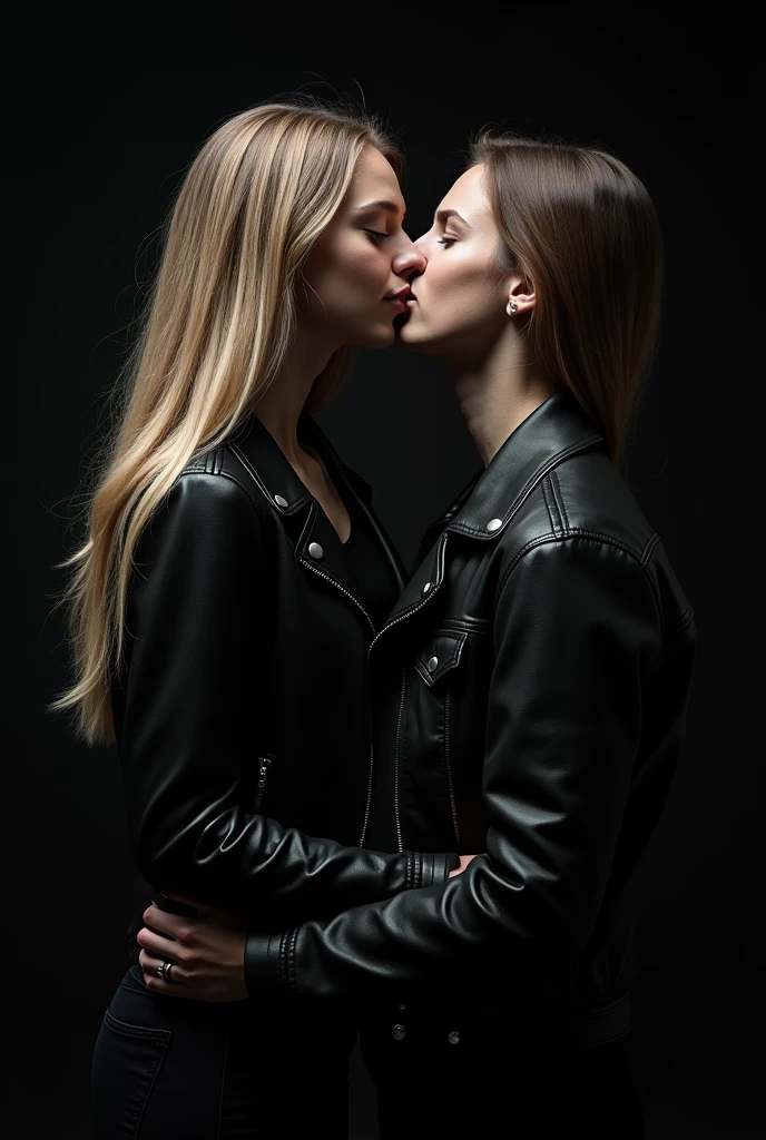 masterpiece, Great clothes, (figure), ((2 people)), ((good looking Young Couple Kissing and Hugging), (Russian Mill Style), fashion, leather jacket, (Long Hair), (Happy), (White skin), (Bear), good looking, , toast, tendency, dark grey,, close, (Spectacular Background), (Chiaroscuro)), Fine facial details, Facial details, Cinema Lighting, (Depth of written boundary), Ultra-high resolution, (Upper Body), Black background