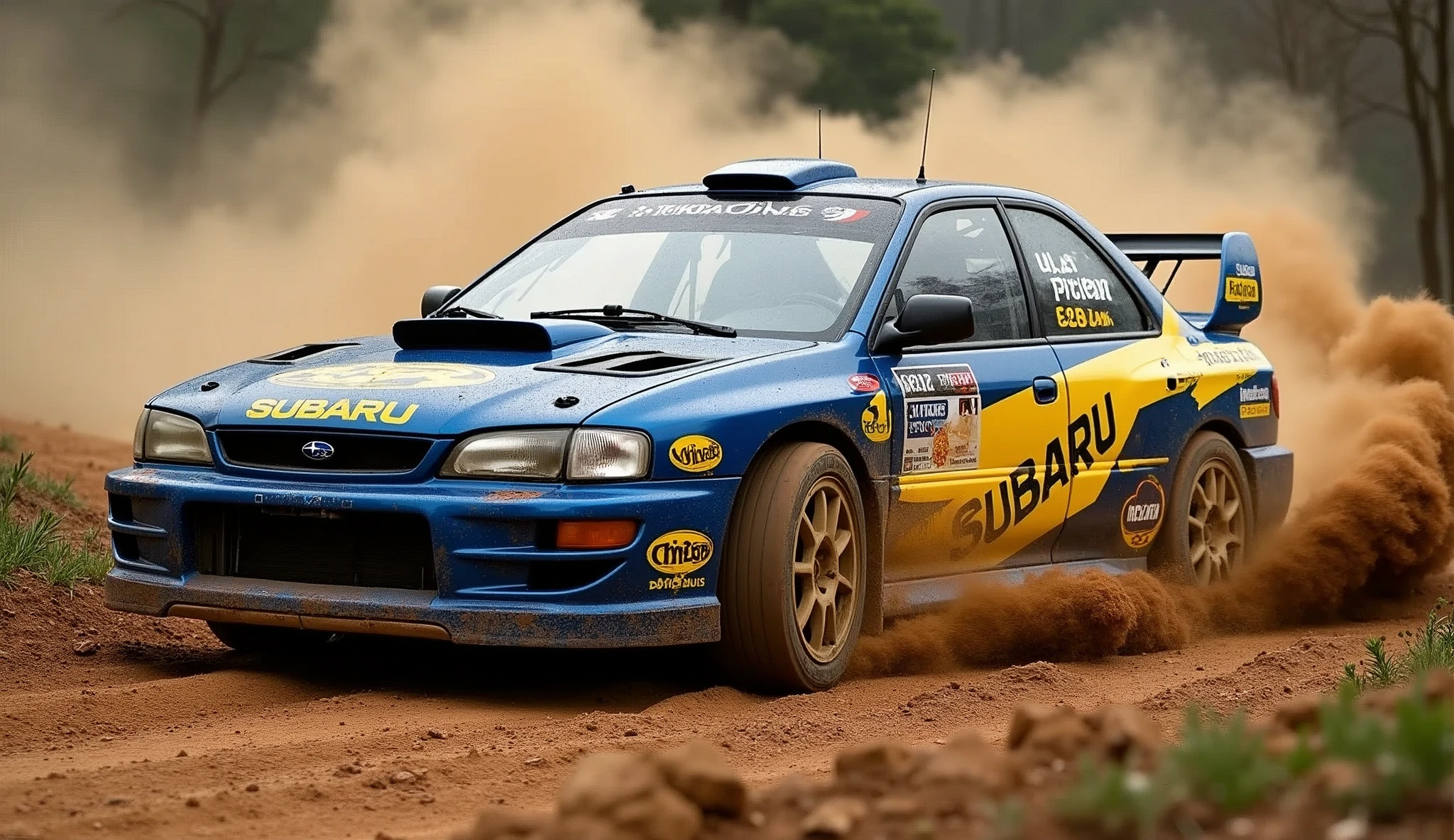 Racing Car, Photo of Subaru Impreza WRC97 drifting around a corner with dust flying up in the air.,  text “SUBARU” on the door., Rally cars, rally specifications, Off-road driving, mud stains,