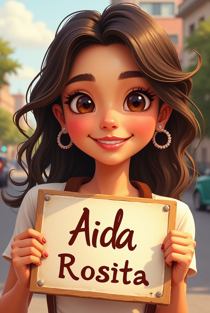 a beautiful and cute woman holding a sign "aida rosita", happy, happy, animated illustration, photorealistic, oil painting