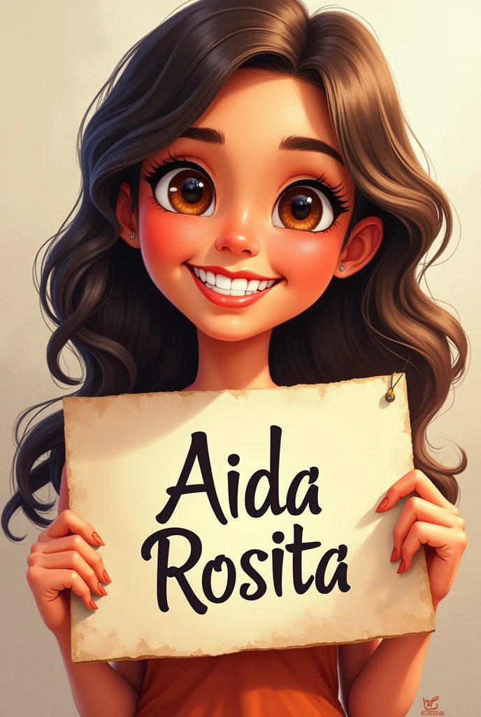a beautiful and cute woman holding a sign "aida rosita", happy, happy, animated illustration, photorealistic, oil painting