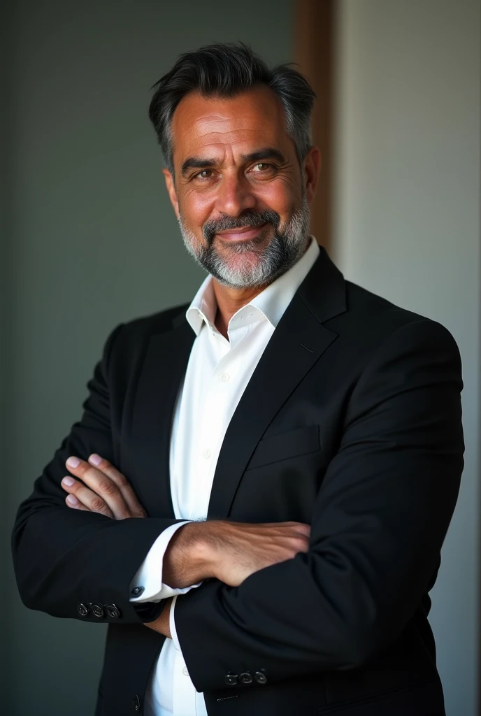 A Brazilian executive man with dark skin, rounded face, combed hair and beard, in a professional photo essay, wearing a white dress shirt and black blazer, Close-up showing his leadership personality. Show whole body in pose