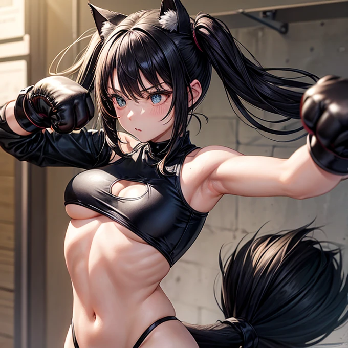 she is wearing black clothes, Exactly, High Cut Bodysuit.A woman boxing It has cat ears and a tail. Twin tails