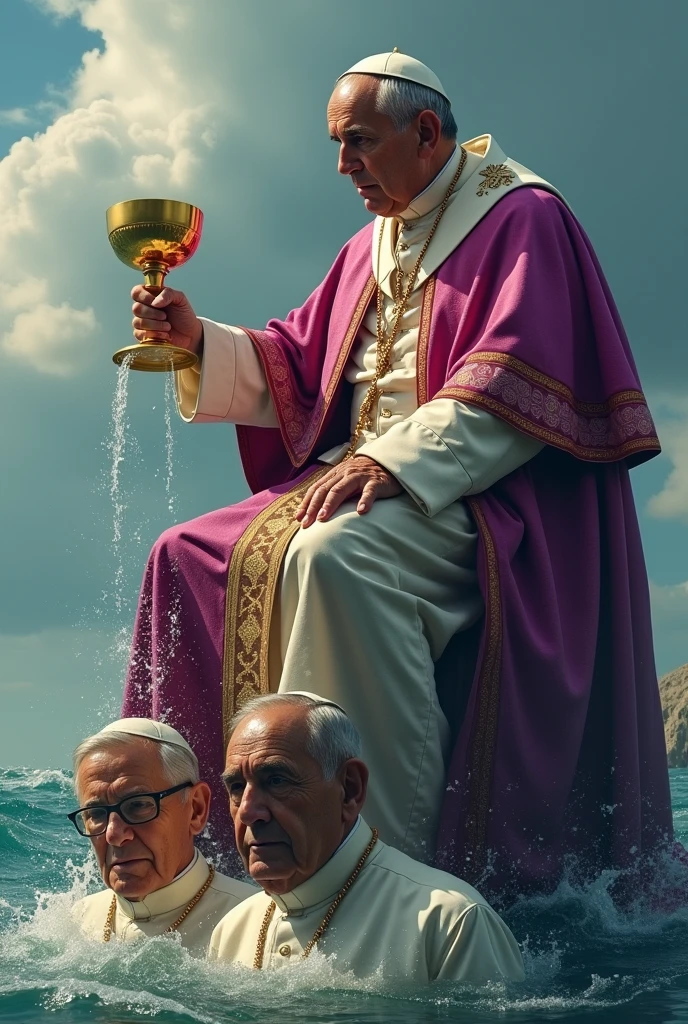 Pope Francis I dressed in purple and scarlet with a golden chalice pouring wine onto the ground. sitting on top of Venezuelan President Nicolás Maduro and Brazilian President Luiz Inácio Lula da Silva, that he gets out of the sea.