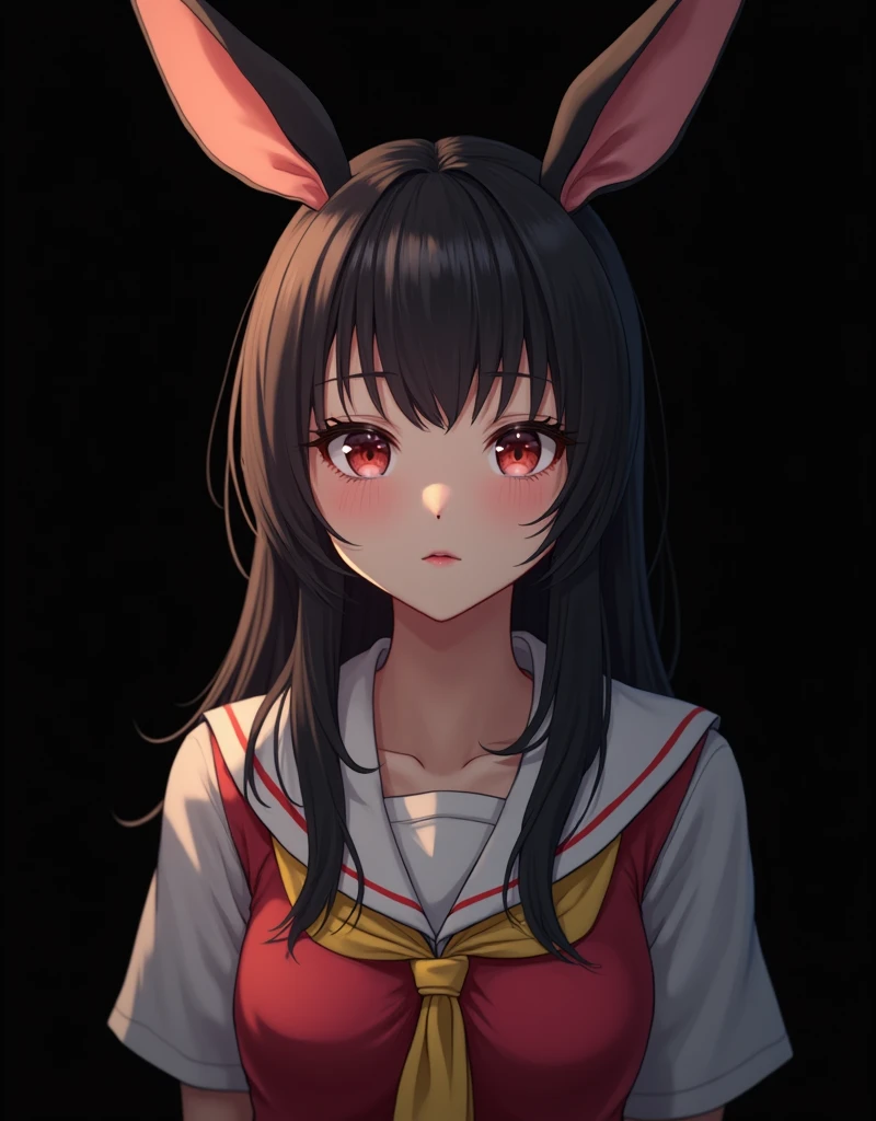 (best quality,4k,8k,highres,masterpiece:1.2),ultra-detailed,(realistic,photorealistic,photo-realistic:1.37),detailed portrait of a korean girl with ulzzang features,perfect detailed facial features,beautiful eyes,nose,and lips,long eyelashes,bunny ears,black background,full body shot,arms behind back,intricate details,cinematic lighting,highly saturated colors, ((anime)),