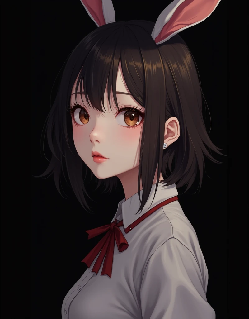 (best quality,4k,8k,highres,masterpiece:1.2),ultra-detailed,(realistic,photorealistic,photo-realistic:1.37),detailed portrait of a korean girl with ulzzang features,perfect detailed facial features,beautiful eyes,nose,and lips,long eyelashes,bunny ears,black background,full body shot,arms behind back,intricate details,cinematic lighting,highly saturated colors, ((anime)),