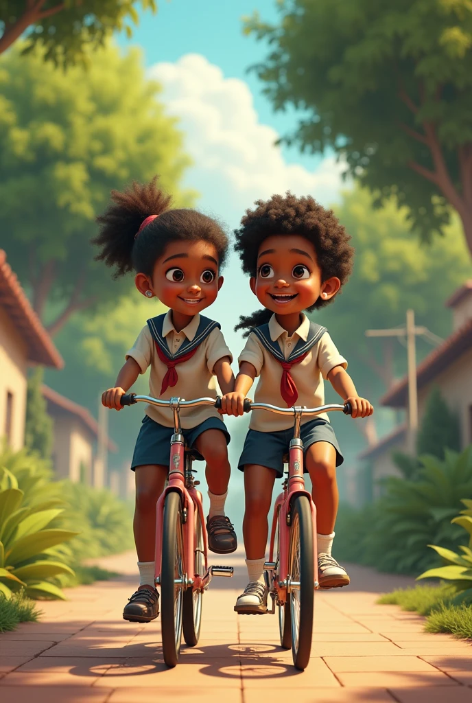 A beautiful Black indian school girl and boy Riding on Their two Bycycle 