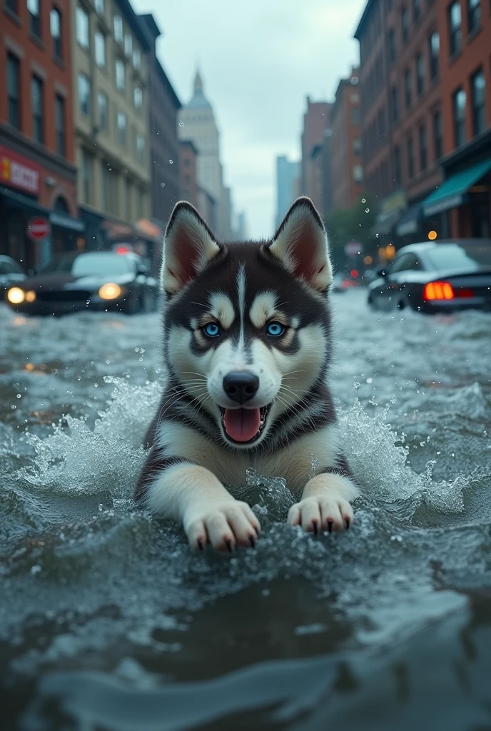 A husky puppy drowning in a flood in New York  