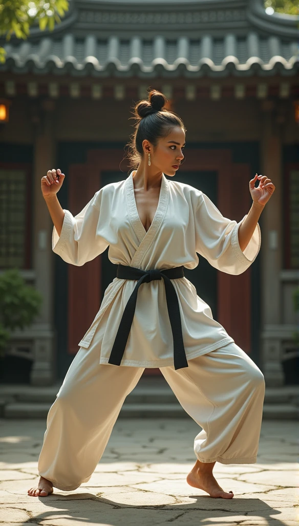 Realistic busty 35yo woman,Karateka,shaolin temple,ultimate form,8k,erotic obscene Performance